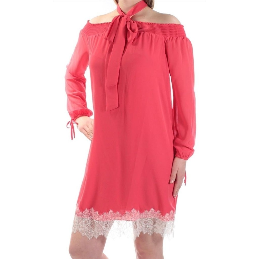 Michael Kors Women Sangria Red Off-The-Shoulder‎ Lace Trim Shift Dress S NEW